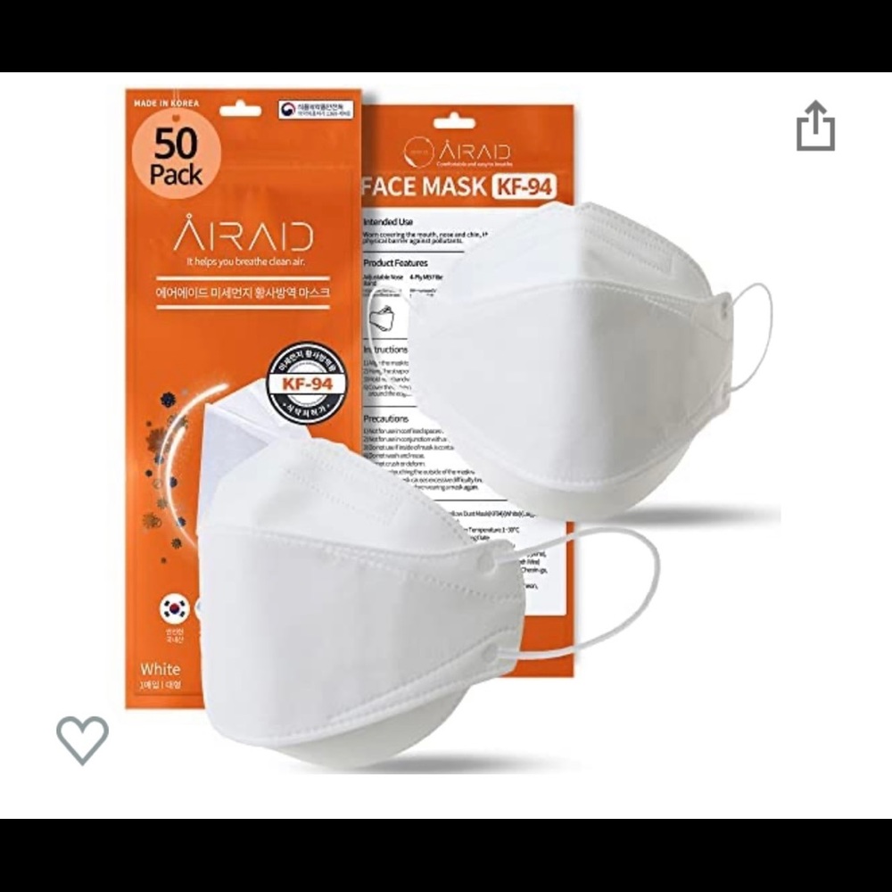 50 AIRAID-KF94 4-Layer Filter, 3D Face Mask,White, Adult and Older Teens